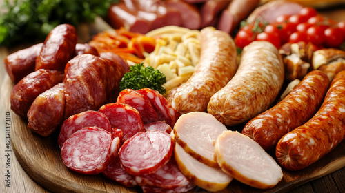 Hungarian cuisine meat dishes icon with tomato pepper stew with sausage, cabbage stew with ham, fish vegetable salad with egg, paprika chicken, marinated sausage, salami pepper salad, poppy cream pie photo