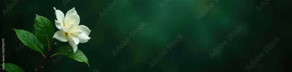 Single white gardenia with large leaves on a dark and moody background, green, blossom, plant Single white gardenia with large leaves on a dark and moody background, green, blossom, plant