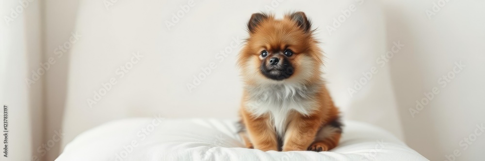 Tiny Pomeranian puppy sitting on a white cushion, sitting dog, peaceful scene, pomeranian puppy Tiny Pomeranian puppy sitting on a white cushion, sitting dog, peaceful scene, pomeranian puppy