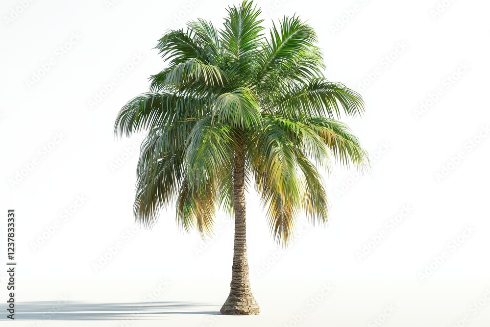 Obraz premium A vibrant palm tree with lush green fronds stands tall against a plain white background, evoking a tropical vibe.