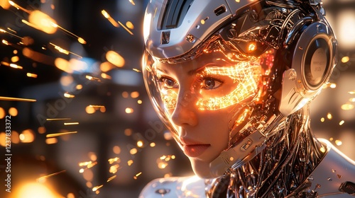 Futuristic Woman Cyborg Sparkles  Digital Art Sci Fi Concept photo