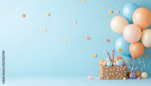 Colorful birthday celebration setup with balloons, cake, and festive decorations against a blue backdrop