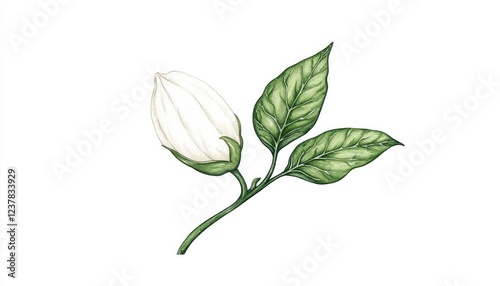 Delicate white flower bud with green leaves on a minimalist background, symbolizing growth
