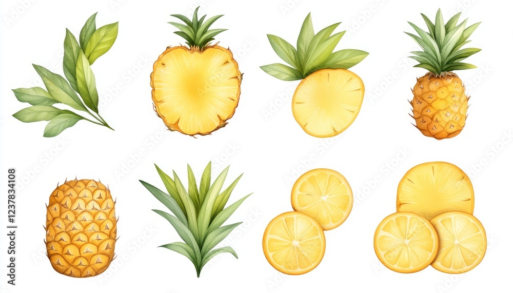 Collection of Pineapples and Lemon Slices with Green Leaves on a White Background Collection of Pineapples and Lemon Slices with Green Leaves on a White Background