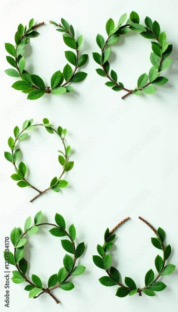 Four green leaf wreaths in a corner with negative space, white space, emptiness
