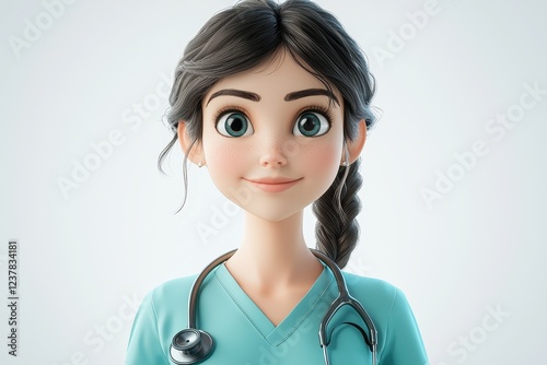 A friendly animated character wearing scrubs with a stethoscope, embodying the caring nature of healthcare professionals.