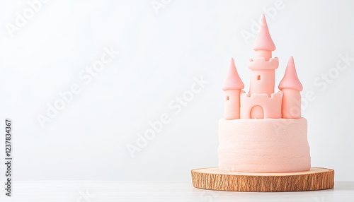 A whimsical pink castle cake on a wooden board, set against a clean white background