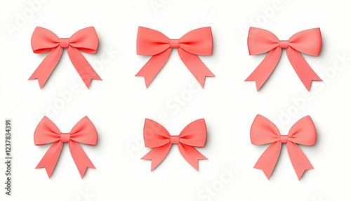 Collection of six coral pink bows arranged symmetrically on a white background for decorative use