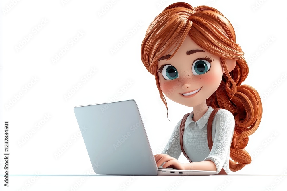 A cheerful animated girl with red hair smiles while working on a laptop, showcasing a friendly and engaging atmosphere. A cheerful animated girl with red hair smiles while working on a laptop, showcasing a friendly and engaging atmosphere.