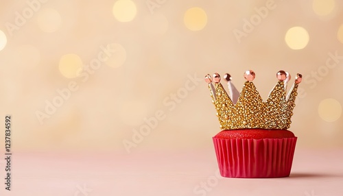 A vibrant red cupcake topped with a sparkling golden crown, set against a soft, blurred background