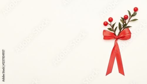 Holiday-themed decoration featuring red berries and green leaves tied with a red ribbon on a neutral background