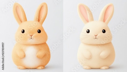 Two adorable plush rabbits in soft colors, sitting side by side against a simple background