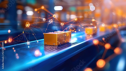 Automated Factory Network Golden Boxes Moving on Conveyor Belt Futuristic Technology