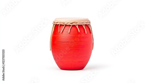 Vibrant red drum with intricate detailing, set against a minimalist background, ideal for music-related themes