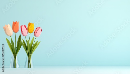 Vibrant tulips arranged in clear vases against a soft blue background, evoking spring freshness