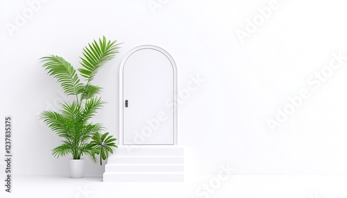 Minimalist white interior featuring an elegant archway door and lush green plants on steps