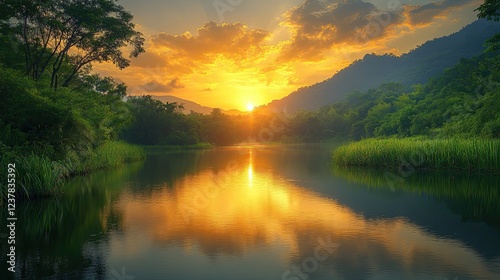 Serene sunset over a tranquil lake surrounded by lush greenery and distant mountains