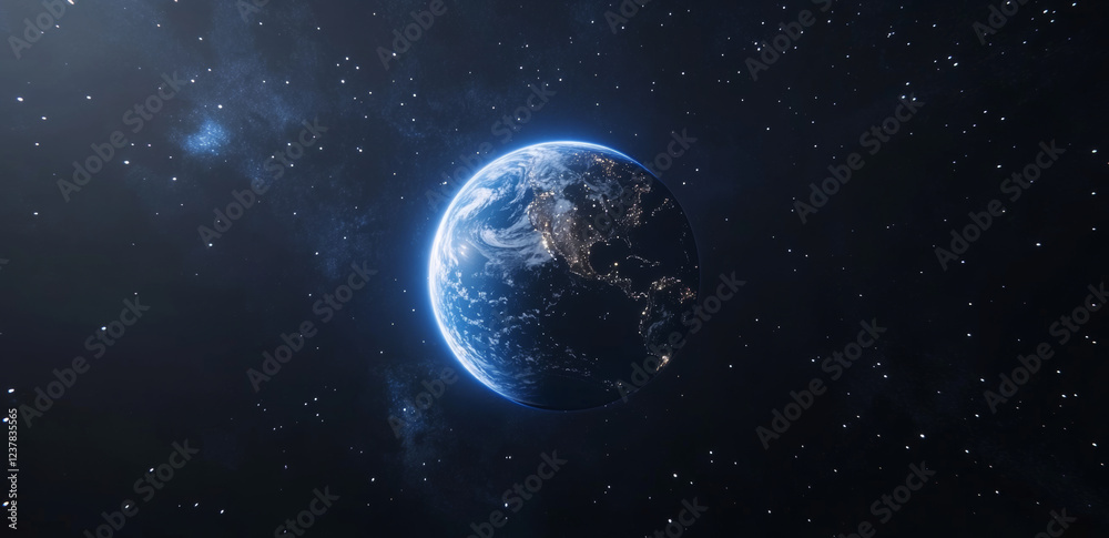 Fototapeta premium A view of Earth from space. The earth looks very beautiful surrounded by blue ocean and white clouds. The background is a deep universe