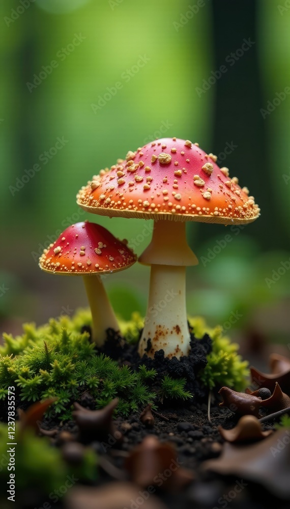 Fototapeta premium Spore-filled webcap mushrooms on forest floor, spores, mycology