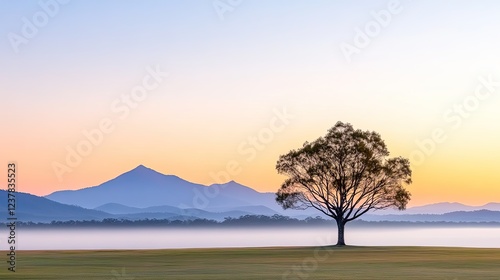 Serene sunrise landscape featuring a solitary tree against majestic mountains and calm waters