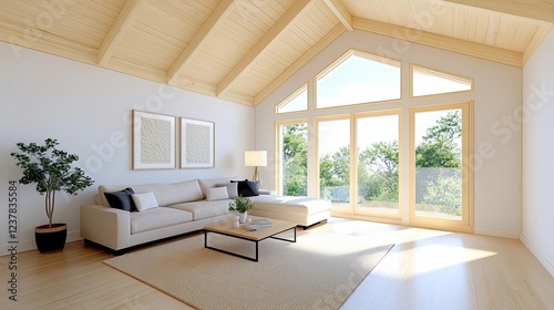 Bright living room with vaulted ceiling . living room interior in new luxury home with open concept floor plan