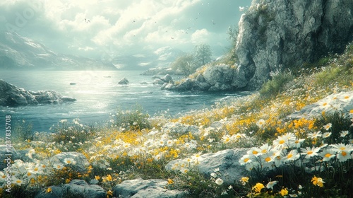 Serene coastal landscape with vibrant wildflowers, rocky cliffs, and tranquil waters under a cloudy sky