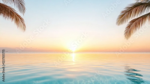 Serene sunset over calm ocean waters, framed by palm trees, creating a tranquil atmosphere