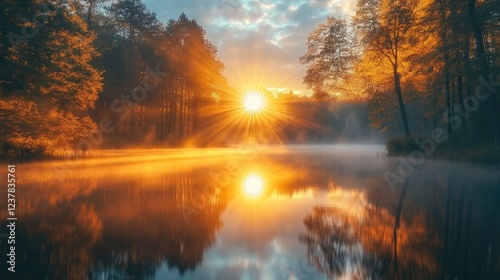 Serene sunrise over a tranquil lake, surrounded by autumn foliage and misty reflections
