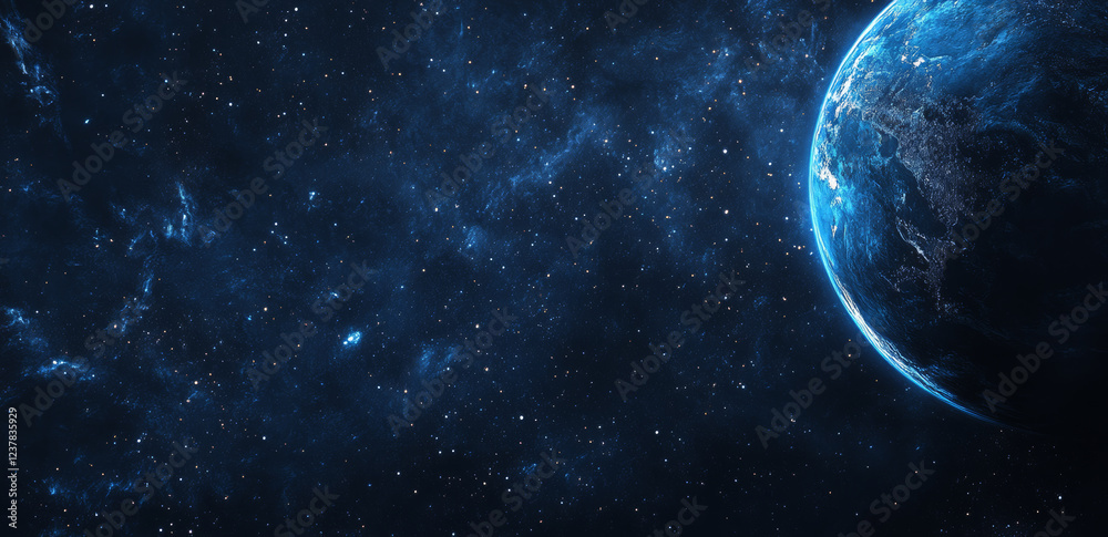 A view of Earth from space. The earth looks very beautiful surrounded by blue ocean and white clouds. The background is a deep universe