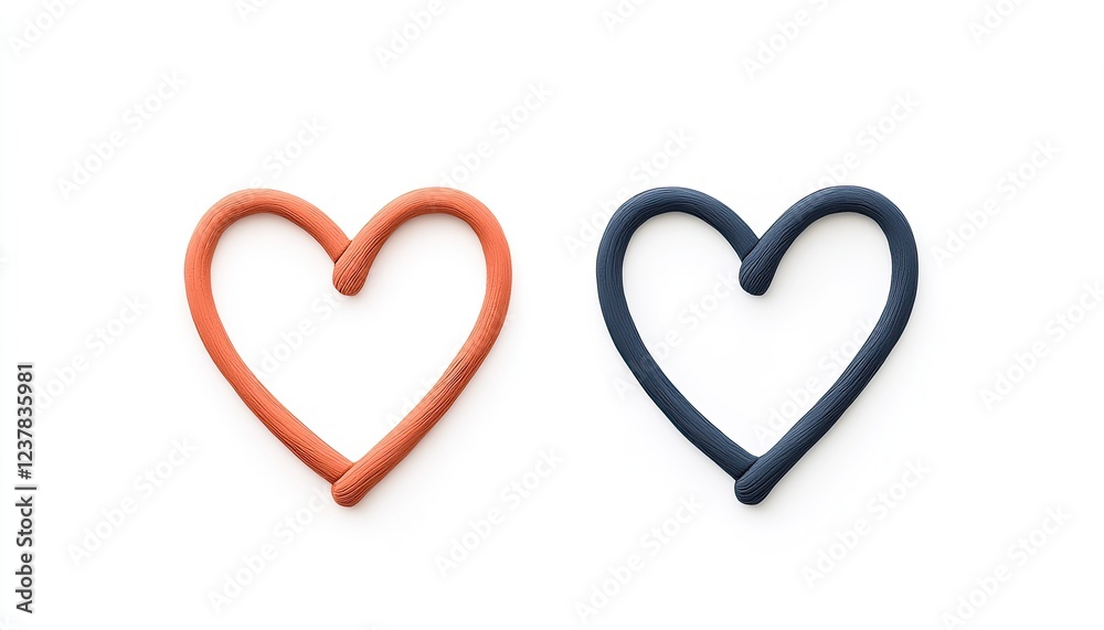 Two colorful heart shapes made of clay on a white background, symbolizing love and creativity Two colorful heart shapes made of clay on a white background, symbolizing love and creativity