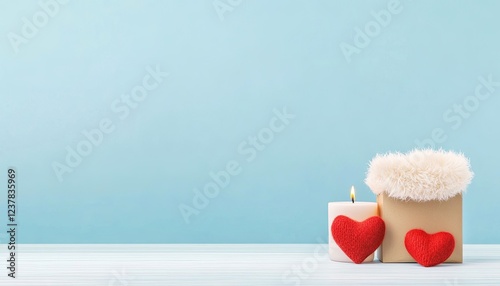 Romantic setup with red hearts, a lit candle, and a gift box on a light blue background