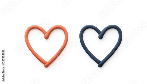Two colorful heart shapes made of clay on a white background, symbolizing love and creativity