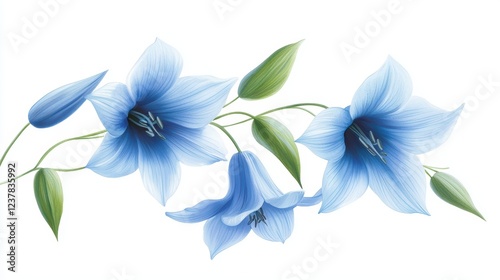 Minimalist floral photography, vibrant blue flowers on a pristine white background