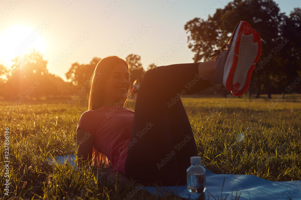 Fototapeta premium Young woman exercising on a sports yoga mat on the grass in urban park during summertime sunset time.