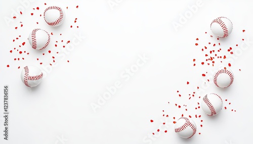 Baseballs scattered with red heart-shaped confetti on a white background, perfect for sports-themed celebrations