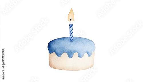 A beautifully illustrated blue frosted birthday cake with a lit candle, symbolizing celebration and joy