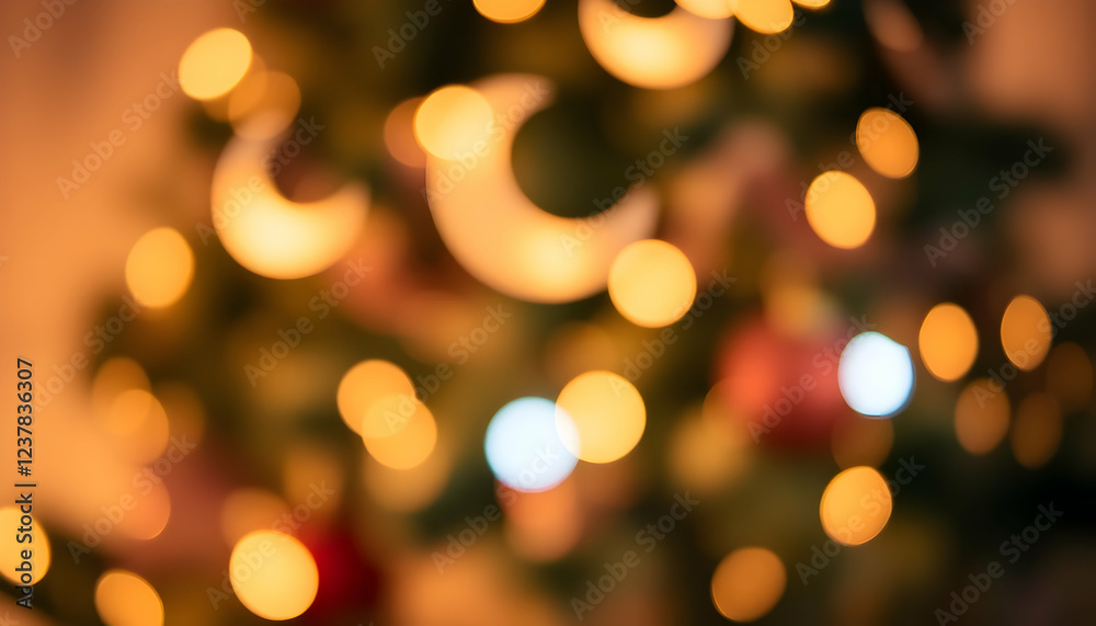 Fototapeta premium Cozy Christmas interior, blurred bokeh lights, warm fireplace glow, decorated Christmas tree, festive atmosphere, soft focus, golden hour ambiance, holiday spirit, inviting living room, magical evenin