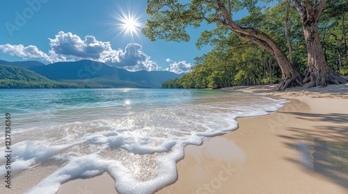 Serene beach scene with gentle waves lapping at the shore under a bright sun and lush trees