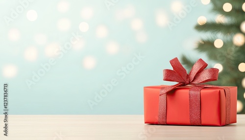 A beautifully wrapped red gift box with a shiny bow placed on a wooden table, festive background with blurred lights
