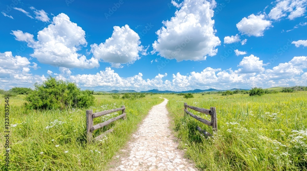 Fototapeta premium Sunny path through grassy field, mountains background; travel, nature