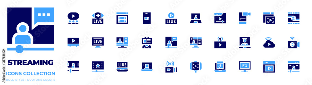 Streaming icon collection. Bold style. Duotone colors. tv, live, livestreaming, follow, livewebinar, americanfootball, video, vlog, webinar Streaming icon collection. Bold style. Duotone colors. tv, live, livestreaming, follow, livewebinar, americanfootball, video, vlog, webinar
