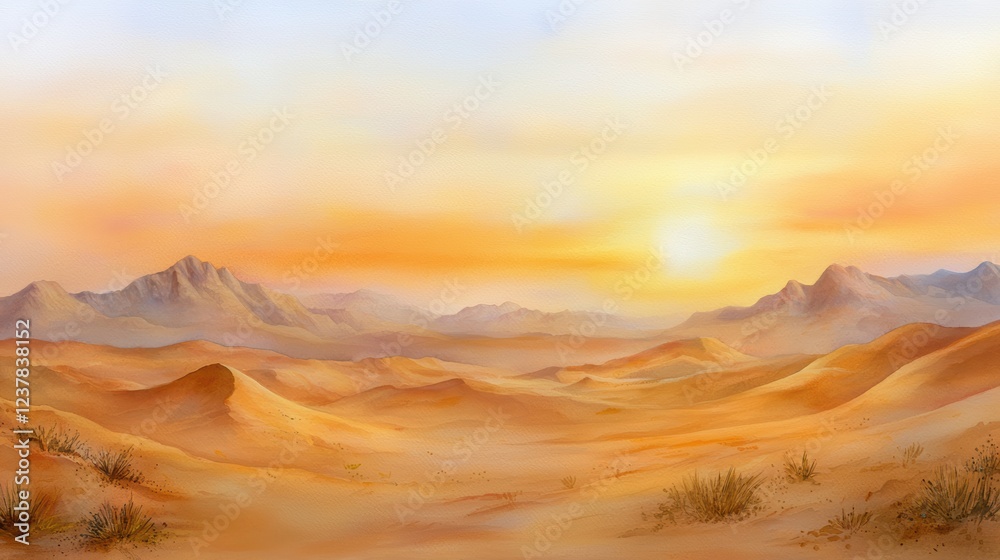Naklejka premium Expansive desert landscape painting with majestic mountains and vibrant sky tranquil