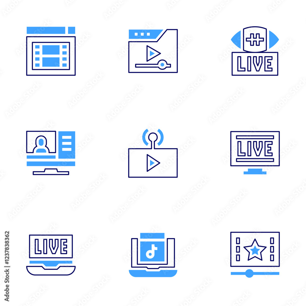 Streaming icon set. Bold line style. Duotone colors. Editable stroke. livestreaming, vlog, live, americanfootball, video, music Streaming icon set. Bold line style. Duotone colors. Editable stroke. livestreaming, vlog, live, americanfootball, video, music