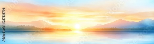 Golden sunset hues reflecting on calm lake waters, a tranquil evening scene