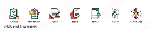 Software development icon set flow process which consists of planning, requirements, design, coding, testing, deploy and maintenance icon live stroke and easy to edit .