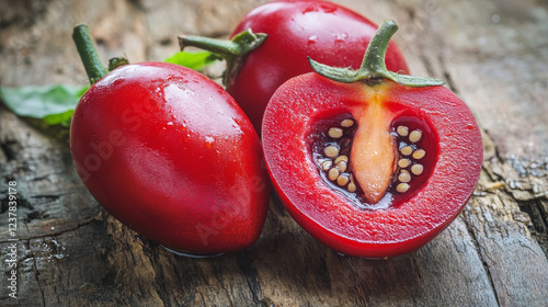 Tamarillo fruit sketch. Vector isolated icon of fresh whole and cut slice tropical exotic tree tomato or tamamoro fruit for jam and juice drink product label or grocery store and farm market design photo