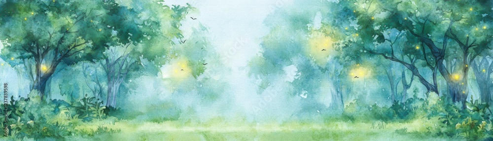 Birds in harmony, a serene painting of forest trees and wildlife tranquil