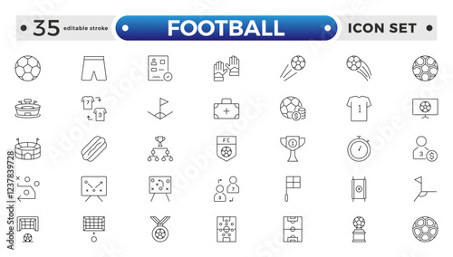 Football outline icon set. Soccer. Kicking a ball, team, rule, goal, players, medal, football, basketball, cycling, athlete, racket, table tennis, sparing, gym, weight. Editable stroke outline icon.