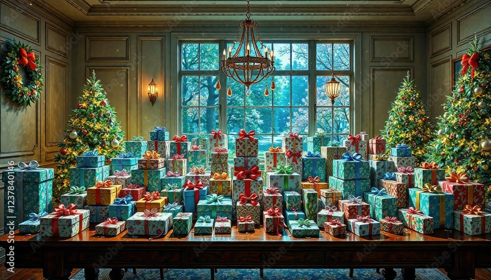 The room is filled with a dazzling array of gifts, all beautifully wrapped and arranged on the table, array, gifts The room is filled with a dazzling array of gifts, all beautifully wrapped and arranged on the table, array, gifts