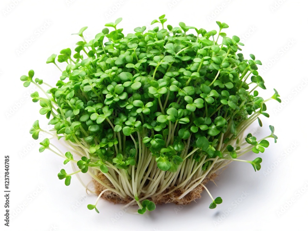 Aerial View of Fresh Green Cress Sprouts Arranged on White Background - Healthy Eating Concept Aerial View of Fresh Green Cress Sprouts Arranged on White Background - Healthy Eating Concept